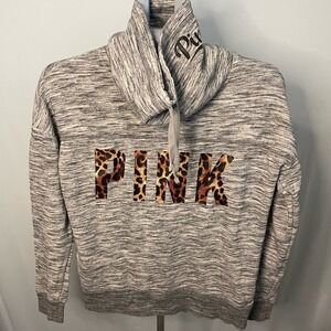 PINK Victoria's Secret Cowl Neck Sweatshirt Womens XS Grey Leopard Print Logo